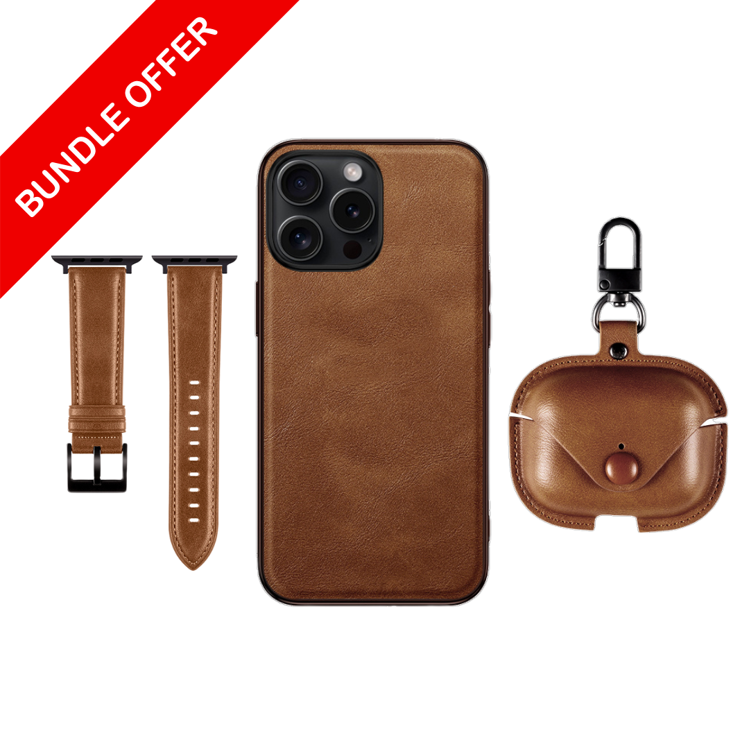 Brown Leather Set Of ( iPhone Case + Airpods Case + Apple Watch Strap )