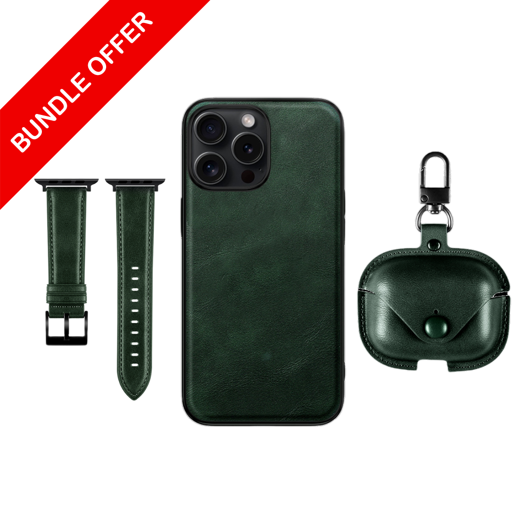 Green Leather Set Of ( iPhone Case + Airpods Case + Apple Watch Strap )