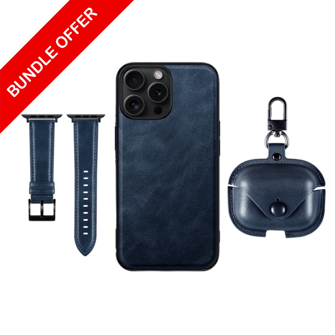 Blue Leather Set Of ( iPhone Case + Airpods Case + Apple Watch Strap )