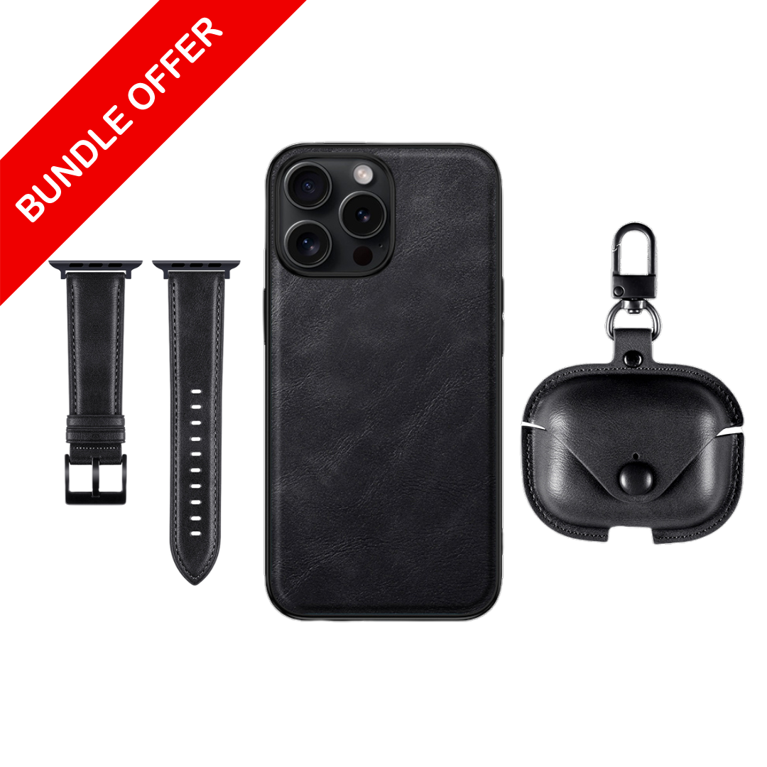 Black Leather Set Of ( iPhone Case + Airpods Case + Apple Watch Strap )
